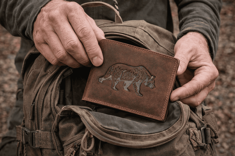 chlapské ruky vkladajú peňaženku do batohu mk